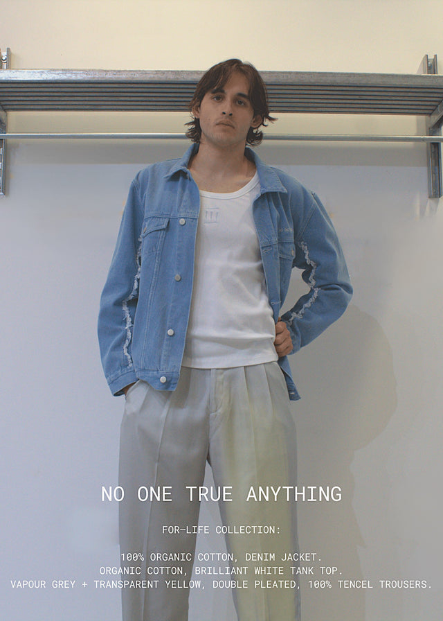 Image of no one true anything for life collection denim jacket tank top viscose trouser. Shot styled edited by jake Posner.